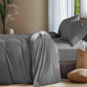 shilucheng cotton tencel king duvet covers set, breathable, cooling, silky eucalyptus lyocell comforter cover hotel collection bedding, 1 duvet cover, 2 shams(dark grey,king)