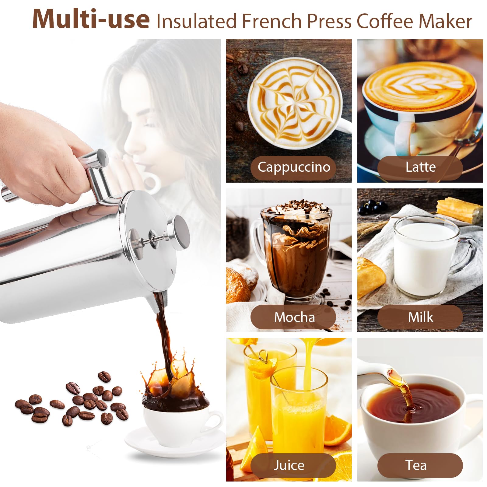 12oz French Press Coffee Maker, 350ml Stainless Steel Double Insulated Cafetiere 3 Cup Espresso Coffee Press, Portable Coffee Plunger Pot for Home, Office, Camping