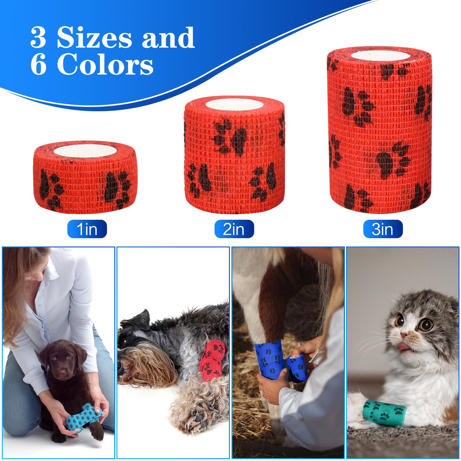 FGBNM Vet Wraps, 1"/2"/3" Self Adhesive Bandage Wraps, Non-Woven Pet Wraps for Dogs Pet Animals & Ankle Sprains & Swelling (2", 6pcs, Paw Prints A)