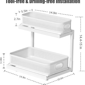 2-Pack Under Sink Storage Organizer with 2-Tier Slide Out Drawer, Sophisticated Mesh Pull Out Shelf for Kitchen & Bathroom, Fits Small Items, Upgraded Arched Track for Smooth Gliding,Patent Pending