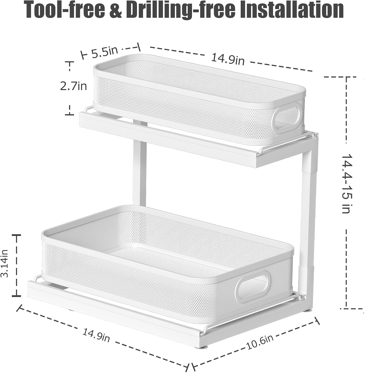 2-Pack Under Sink Storage Organizer with 2-Tier Slide Out Drawer, Sophisticated Mesh Pull Out Shelf for Kitchen & Bathroom, Fits Small Items, Upgraded Arched Track for Smooth Gliding,Patent Pending