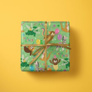 WRAPAHOLIC Animal Kids Birthday Wrapping Paper Roll - Mini Roll - 17 Inch x 33 Feet - Baby Animal Birthday Design, Perfect for Birthday, Party, Holiday