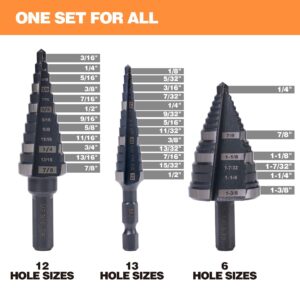 Jerax tools 1/2", 7/8" & 1-3/8" Step Drill Bit Set, Straight Grooved Double Fluted M2 High Speed Steel Drill bits for Hole Drilling in Stainless Steel, Copper, Aluminum, Wood,Plastic