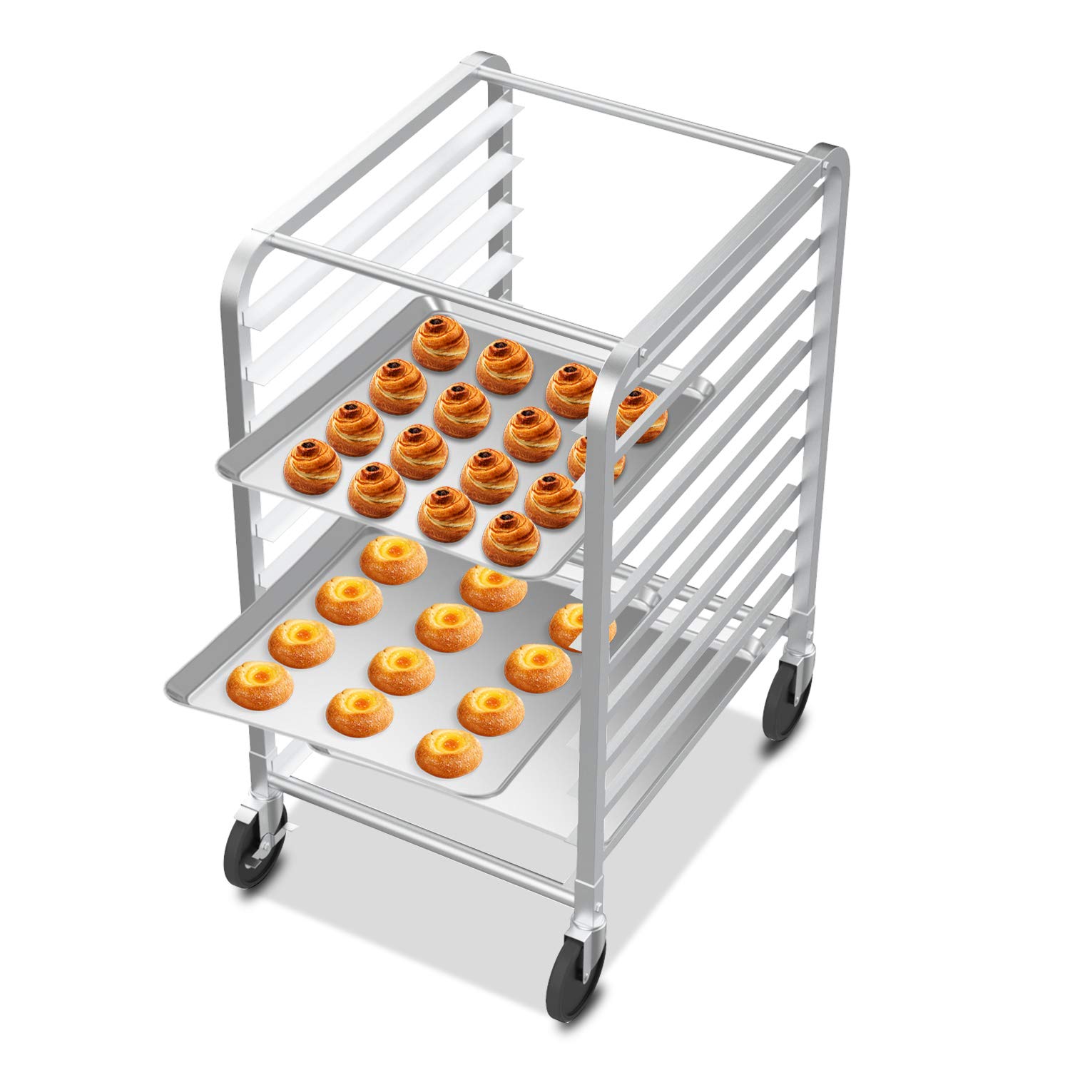 ROVSUN 10-Tiers Sheet Bun Pan Speed Bakery Tray Racks, Commercial Stainless Steel Baking Racks with Brake Wheels, Push Bread Tray Food Cart, Perfect for Kitchen/Dining Rooms