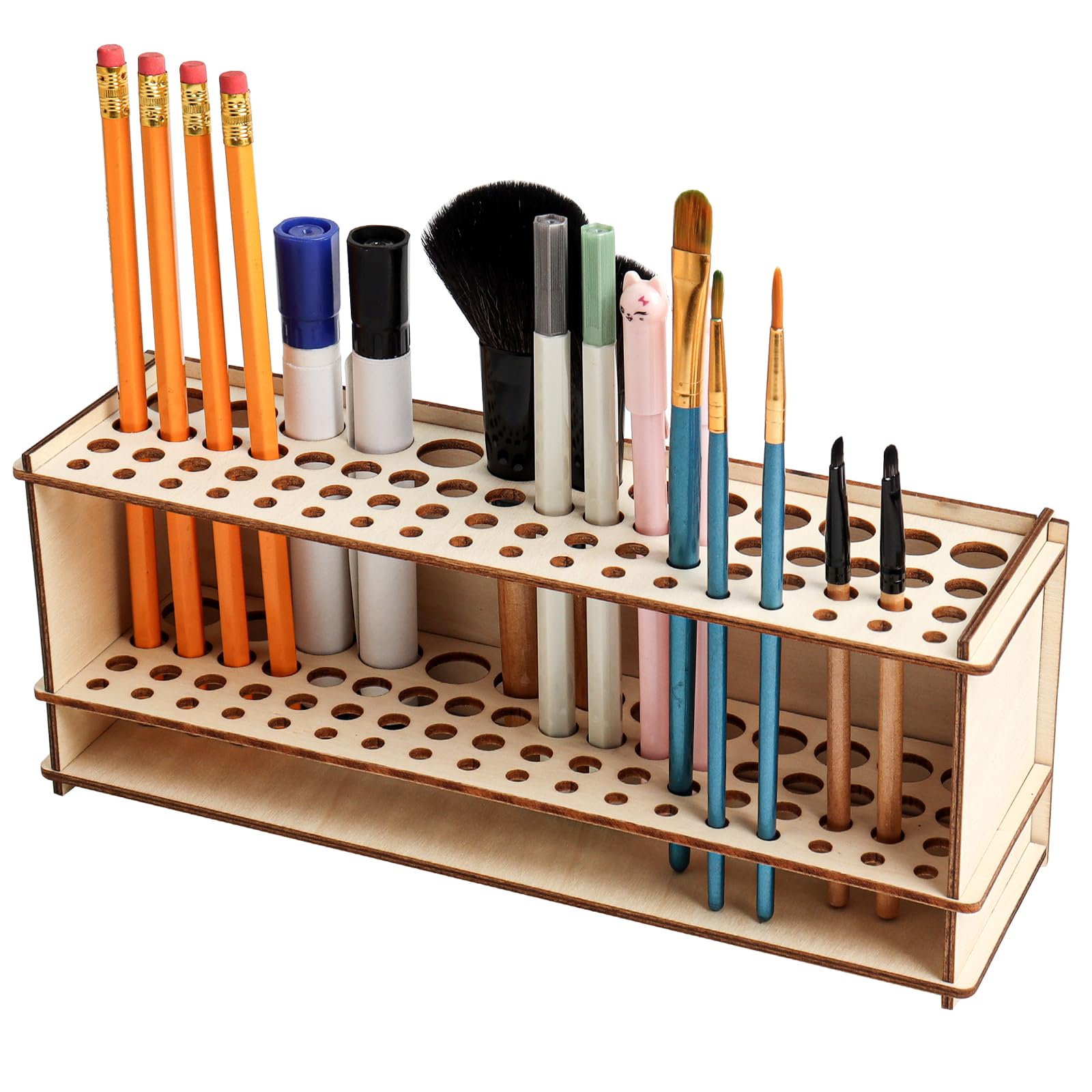 SBYURE Wooden Paint Brush Holder Artist Brush Holder 67 Hole Paintbrush Holder Organizer Wood Paint Brush Rack for Pens Pencils and Art Tools