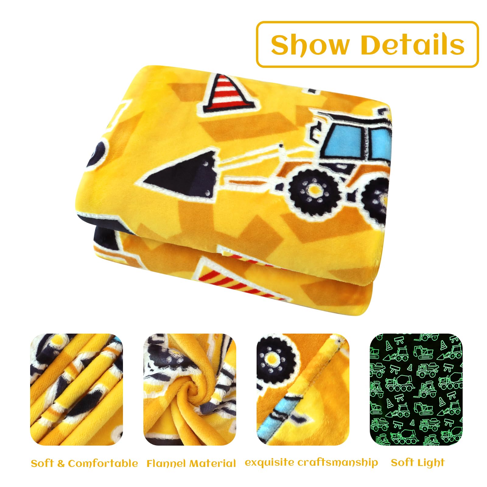 Excavator Toys Gifts for Kids Glow in The Dark Truck Blanket Construction Blankets Soft Tractor Throw Blankets Boys Car Theme Decor Blanket 40"×50"