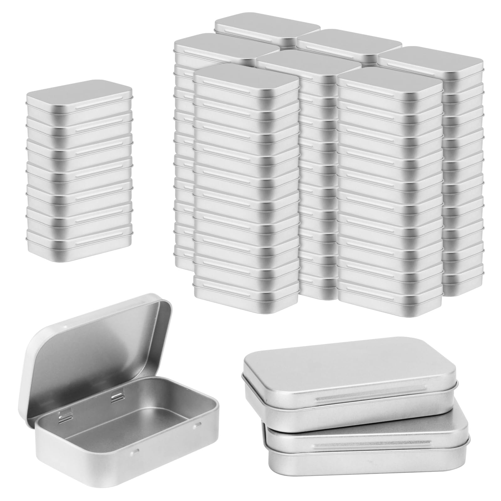 SHEUTSAN 80pcs 3.7 x 2.4 x 0.8 Inch Silver Rectangular Hinged Tin, Empty Tins With Hinged Lids, Metal Hinged Box Container for Small Items, Candies