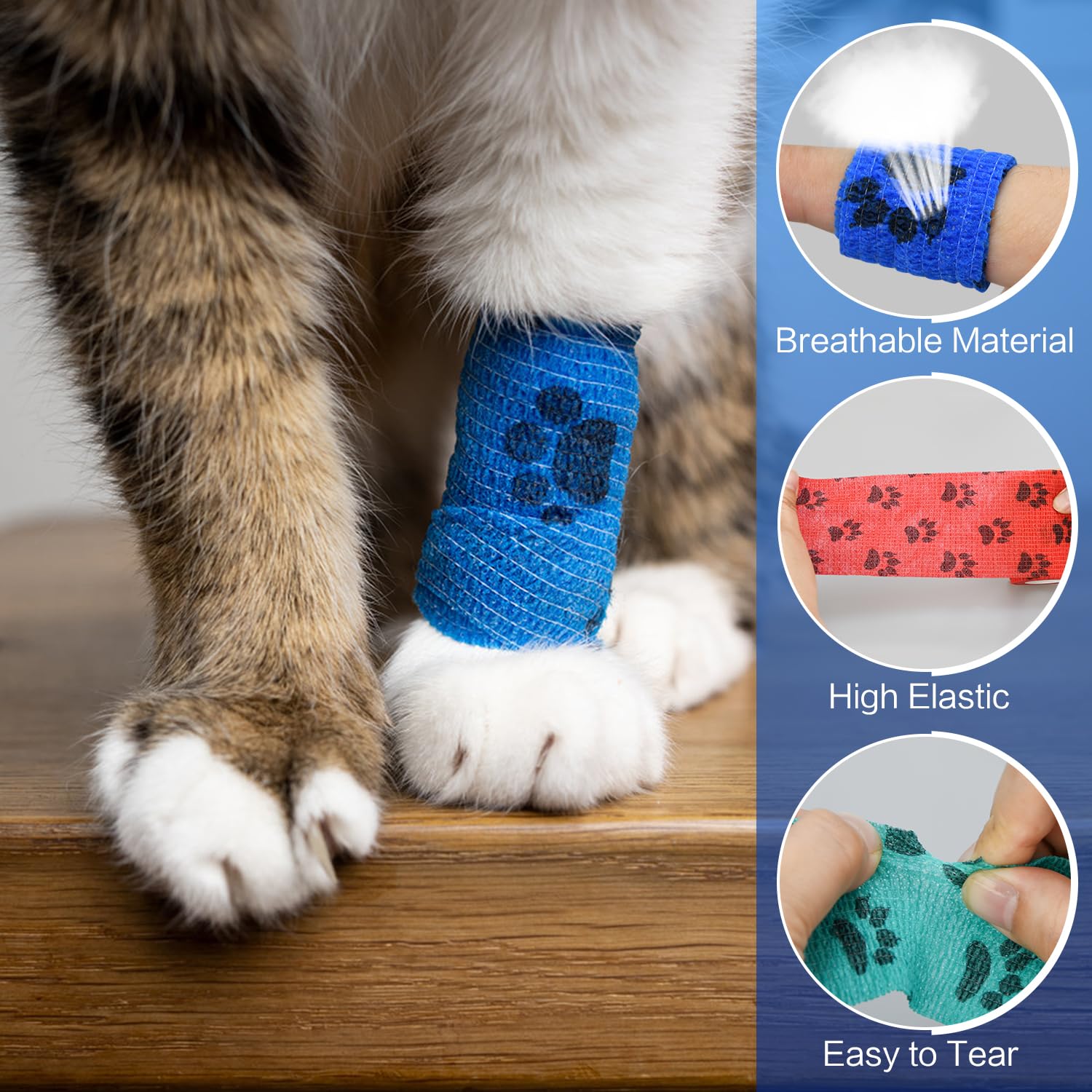 FGBNM Vet Wraps, 1"/2"/3" Self Adhesive Bandage Wraps, Non-Woven Pet Wraps for Dogs Pet Animals & Ankle Sprains & Swelling (2", 6pcs, Paw Prints A)