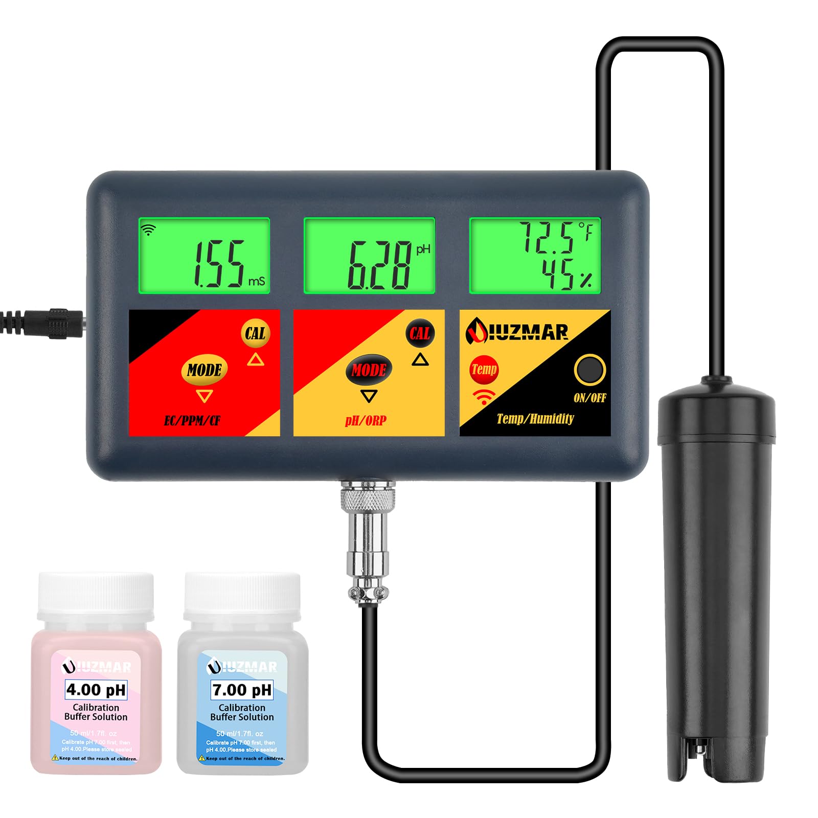 UIUZMAR pH EC TDS Continuous Monitor pH ORP Meter for Home Growers, 7 in 1 pH EC PPM CF ORP Temp Humidity Meter for Indoor Hydroponic Garden Reservoir Water Tank DWC Setup Aeroponic Gardening