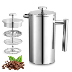 12oz french press coffee maker, 350ml stainless steel double insulated cafetiere 3 cup espresso coffee press, portable coffee plunger pot for home, office, camping