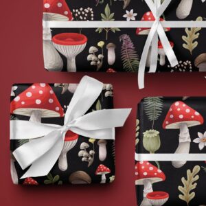 WRAPAHOLIC Mushroom Wrapping Paper Roll - Mini Roll - 17 Inch x 33 Feet - Black Red Mushrooms Plants Design, Perfect for Birthday, Autumn, Party, Holiday