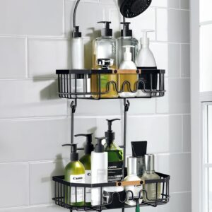 Gronda Shower Caddy Hanging Over Shower Head, Rustproof Anti-Slip Anti-Swing Black Shower Head Caddy Hanging for Inside Shower with Hooks and Adhesives