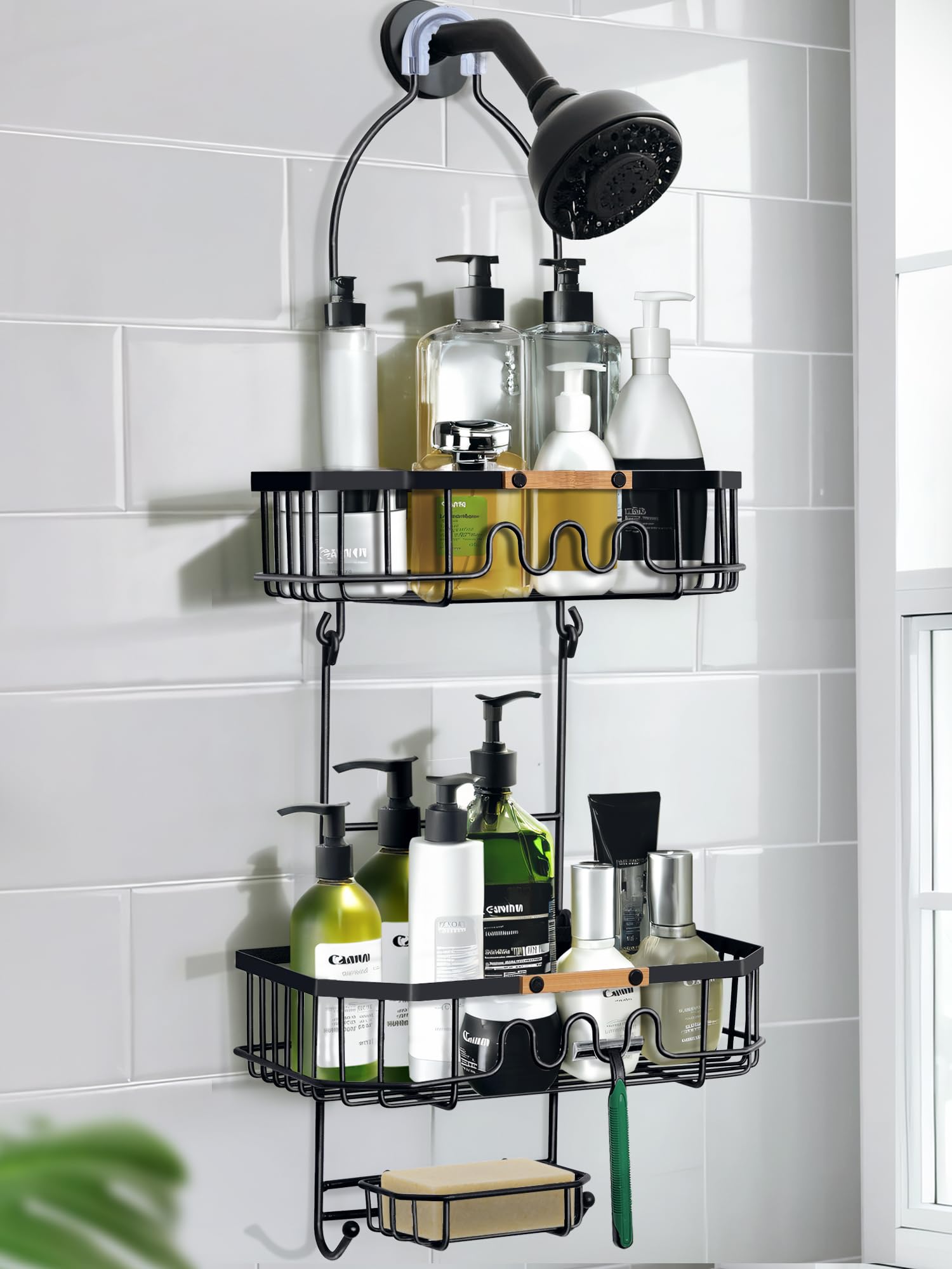 Gronda Shower Caddy Hanging Over Shower Head, Rustproof Anti-Slip Anti-Swing Black Shower Head Caddy Hanging for Inside Shower with Hooks and Adhesives