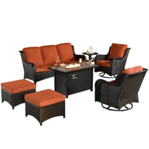 xizzi patio furniture set with 42" fire pit table,7 pieces all weather wicker outdoor furniture with swivel rocking chairs,patio conversation set sofa for deck,backyard,garden (brown/orange red)