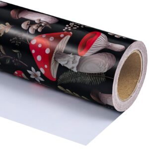 WRAPAHOLIC Mushroom Wrapping Paper Roll - Mini Roll - 17 Inch x 33 Feet - Black Red Mushrooms Plants Design, Perfect for Birthday, Autumn, Party, Holiday