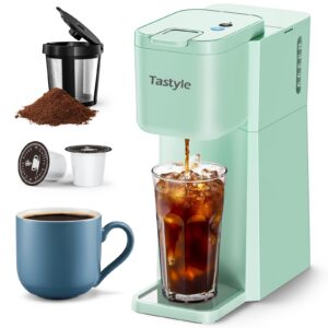 tastyle mini single cup coffee maker, hot and iced coffee maker for k cup and ground, 6 to14 oz brew sizes, with recipe book, one cup small pod coffee machine for travel, rv, dorm and desk,green