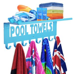 kuhome pool towel racks with shelf outdoor pool decor wall mount towel hooks towel holder with 8 hooks blue towel storage hanger organizer for bathroom pool accessories