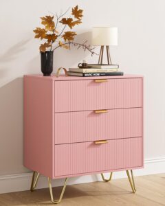 aobafuir 3 drawer dresser for bedroom, modern closet dressers chest of drawers, storage dresser chest cabinet organizer unit, small fluted dresser for bedroom (pink stripe)