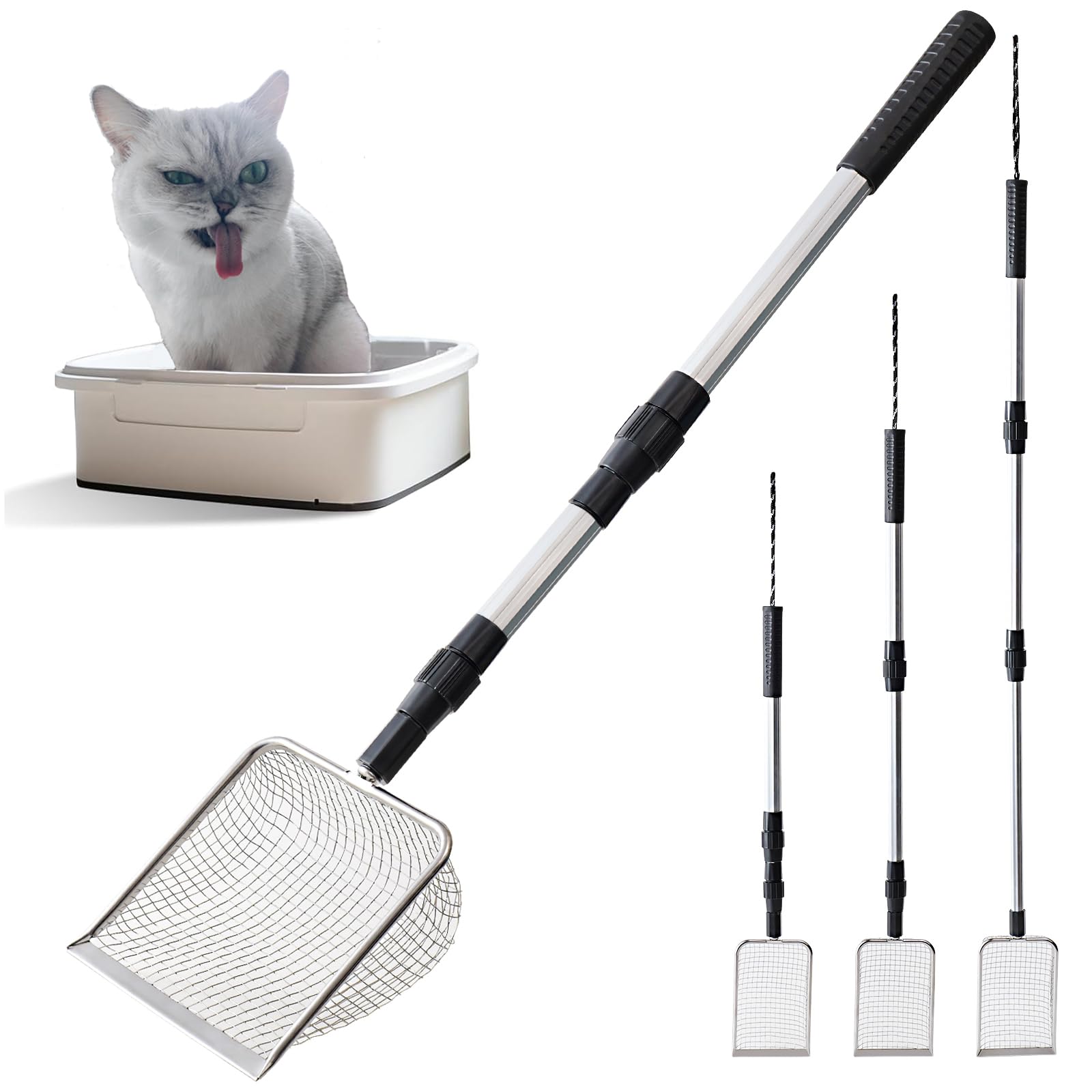 Polarduck Cat Litter Scoop for Litter Box: Long Handle Metal Cat Poop Scooper Extendable Heavy Duty & Non-Stick with Extra Small Kitty Litter Scoop & Litter Scoop Holder | Chicken Coop Pooper Scooper