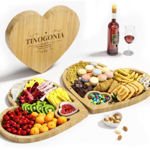 charcuterie boards gift set - 2 unique heart shade bamboo cheese board with 2 seasoning dishs - mothers day gifts for mom - house warming gifts new home - wedding gifts, bridal shower gift