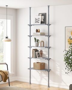 allzone 5-tier narrow bookshelf, adjustable width and height, tall ladder book shelf with open storage,floor to ceiling tension mount industrial bookcase for living room,64 to 113inch height,dark grey