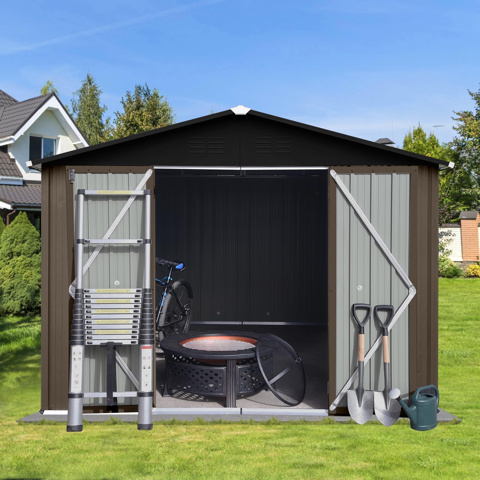 Generic Metal Garden Sheds 10ftx8ft Outdoor Storage Sheds Brown+Black with Window, W1350S00035