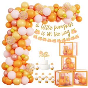 little pumpkin baby shower balloon boxes decorations, fall orange balloon garland a little pumpkin is on the way banner for autumn thanksgiving 1st birthday girl gender reveal welcome party supplies