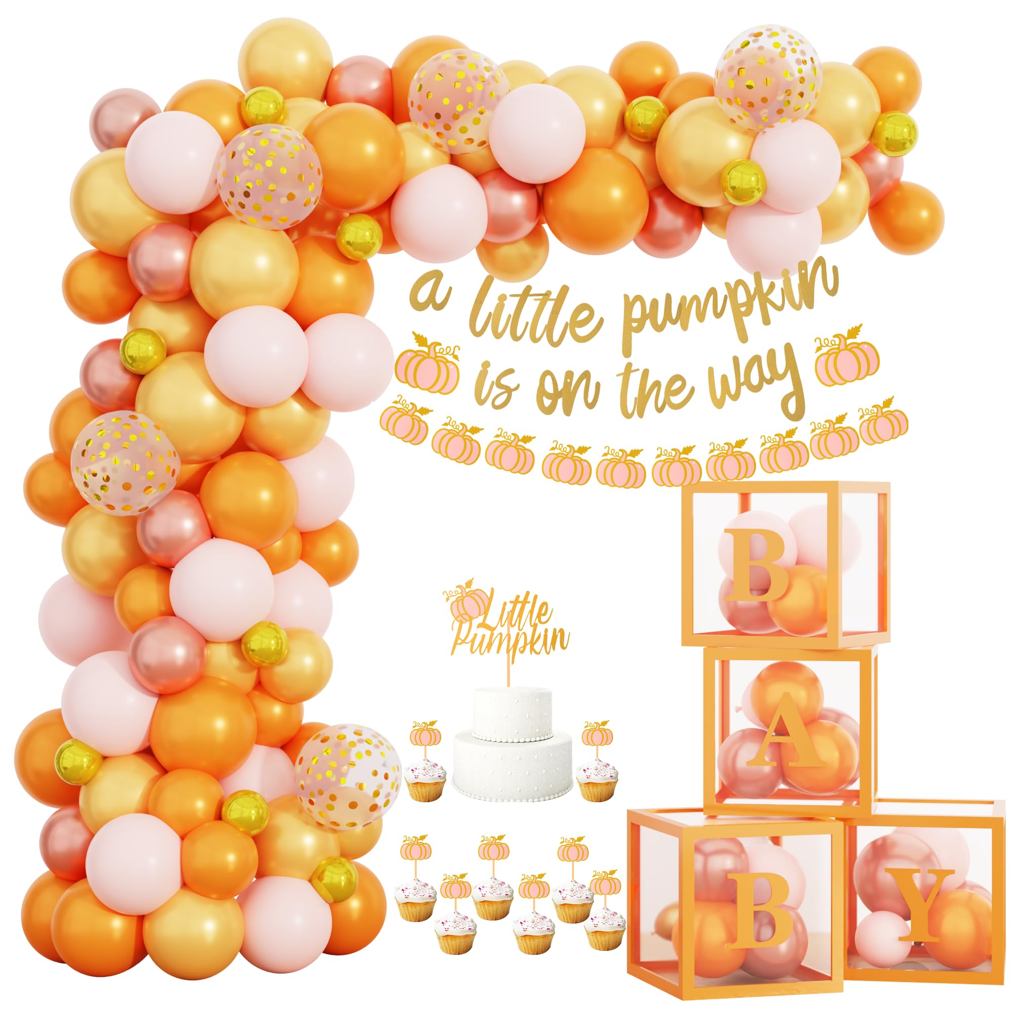 Little Pumpkin Baby Shower Balloon Boxes Decorations, Fall Orange Balloon Garland A Little Pumpkin is On The Way Banner for Autumn Thanksgiving 1st Birthday Girl Gender Reveal Welcome Party Supplies