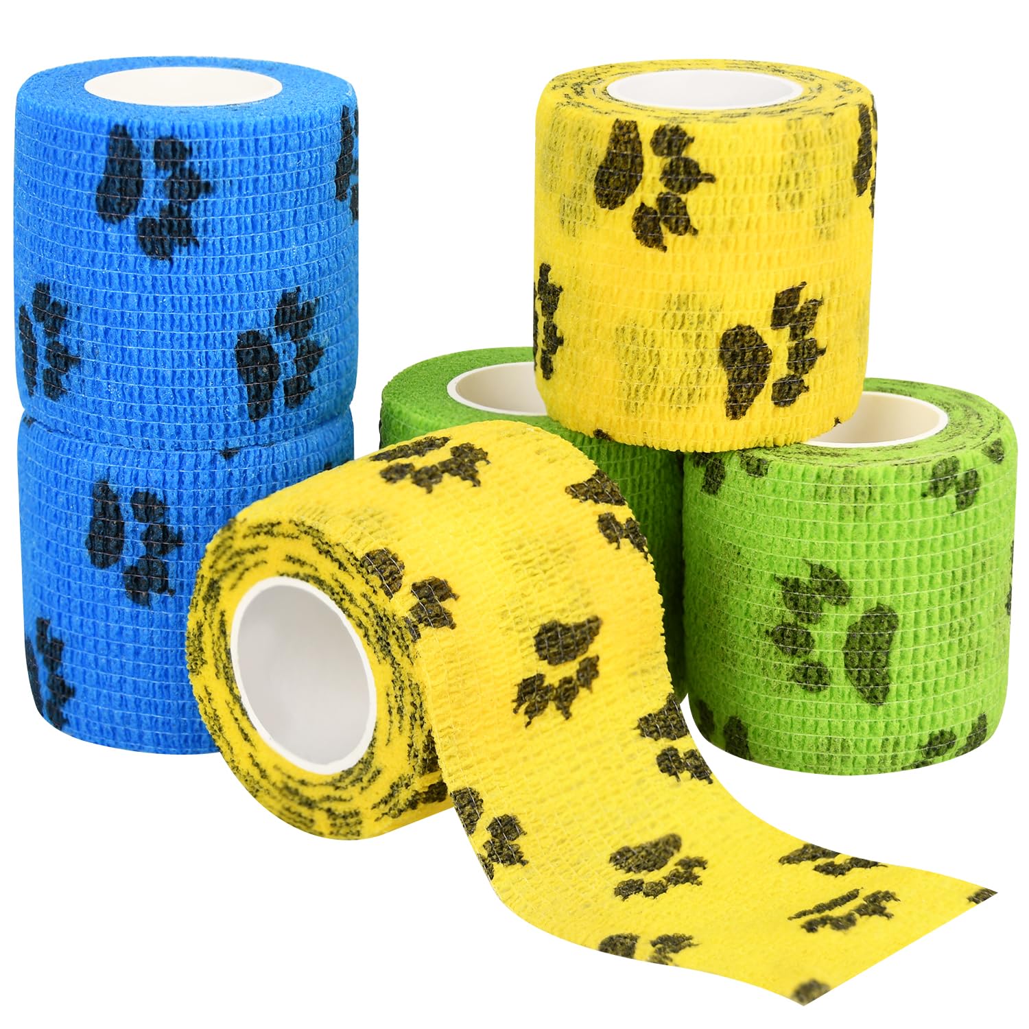 FGBNM Vet Wraps, 1"/2"/3" Self Adhesive Bandage Wraps, Non-Woven Pet Wraps for Dogs Pet Animals & Ankle Sprains & Swelling (2", 6pcs, Paw Prints A)