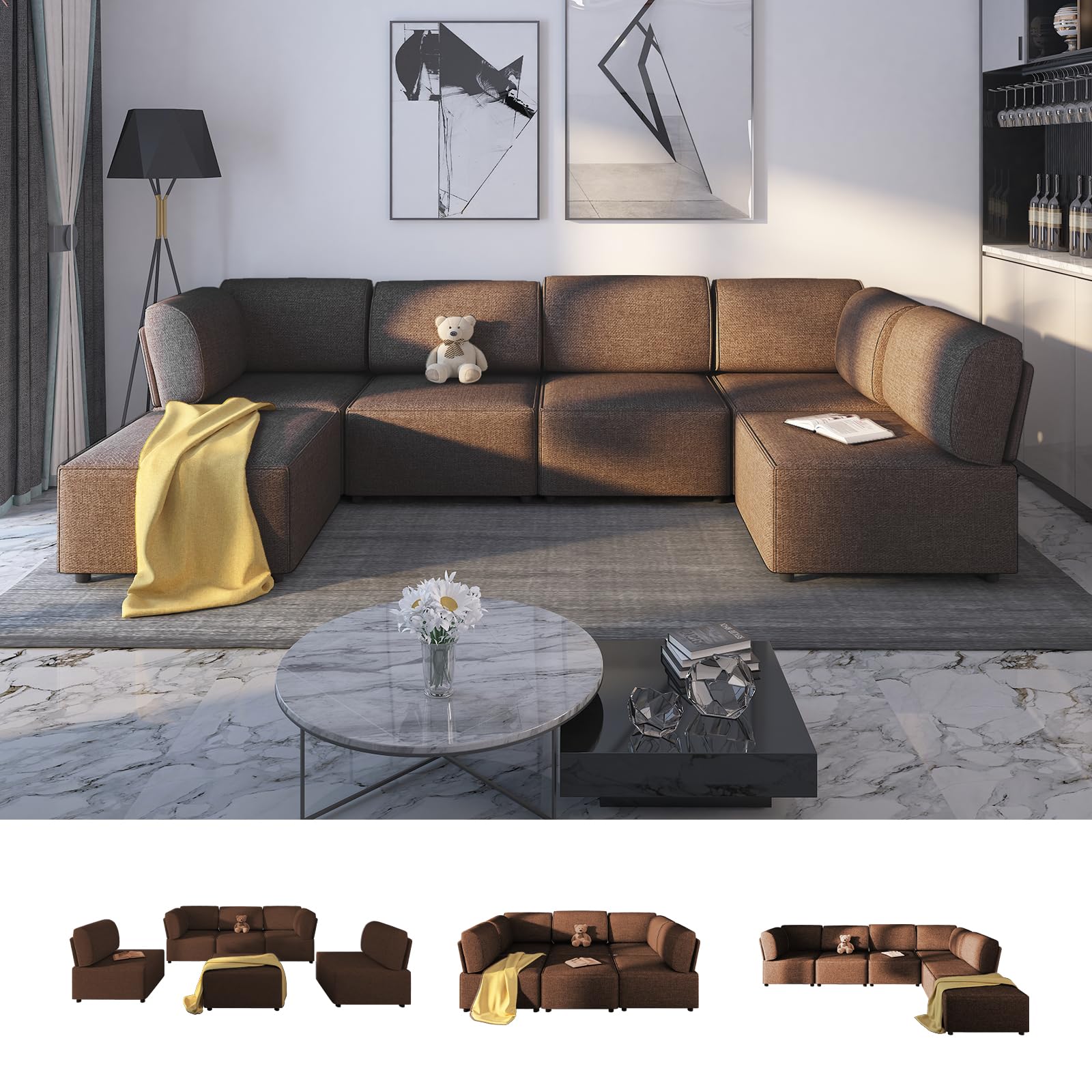 PUREMIND Modular Sectional Sofa with Chaise, Convertible Oversize L Shaped Couch with Reversible Ottoman, Linen 6 Seater Free Combination U Shaped Sleeper Sofa for Living Room, Brown