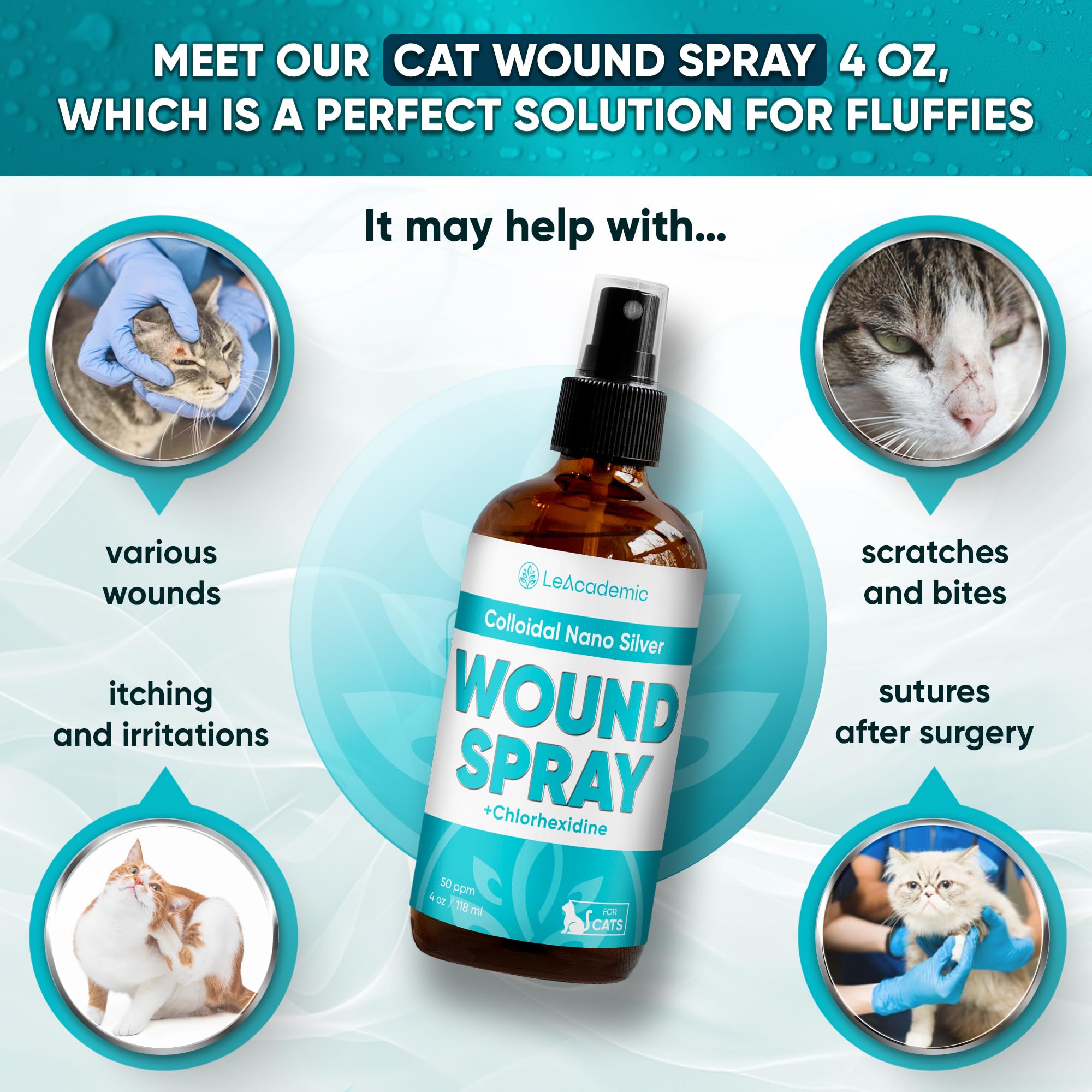 LeAcademic Cat Wound Spray | Wound Spray for Cats | Cat Wound Care Spray | Chlorhexidine for Cats | Wound Care Spray | Pet Wound Care for Cats | 4 Oz