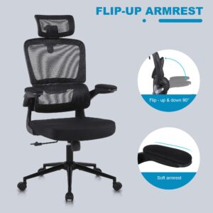 Nusetx Ergonomic Office Chair, Adjustable Home Computer Desk Chair with Lumbar Support, Headrest, Flip-Up Armrests, High-Back Mesh Executive Task Chair (1 Pack, Black)