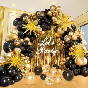 164pcs black and gold balloons garland arch kit,black and gold balloons with gold star balloons, black gold confetti latex balloons, for graduation retirement anniversary birthday party decorations