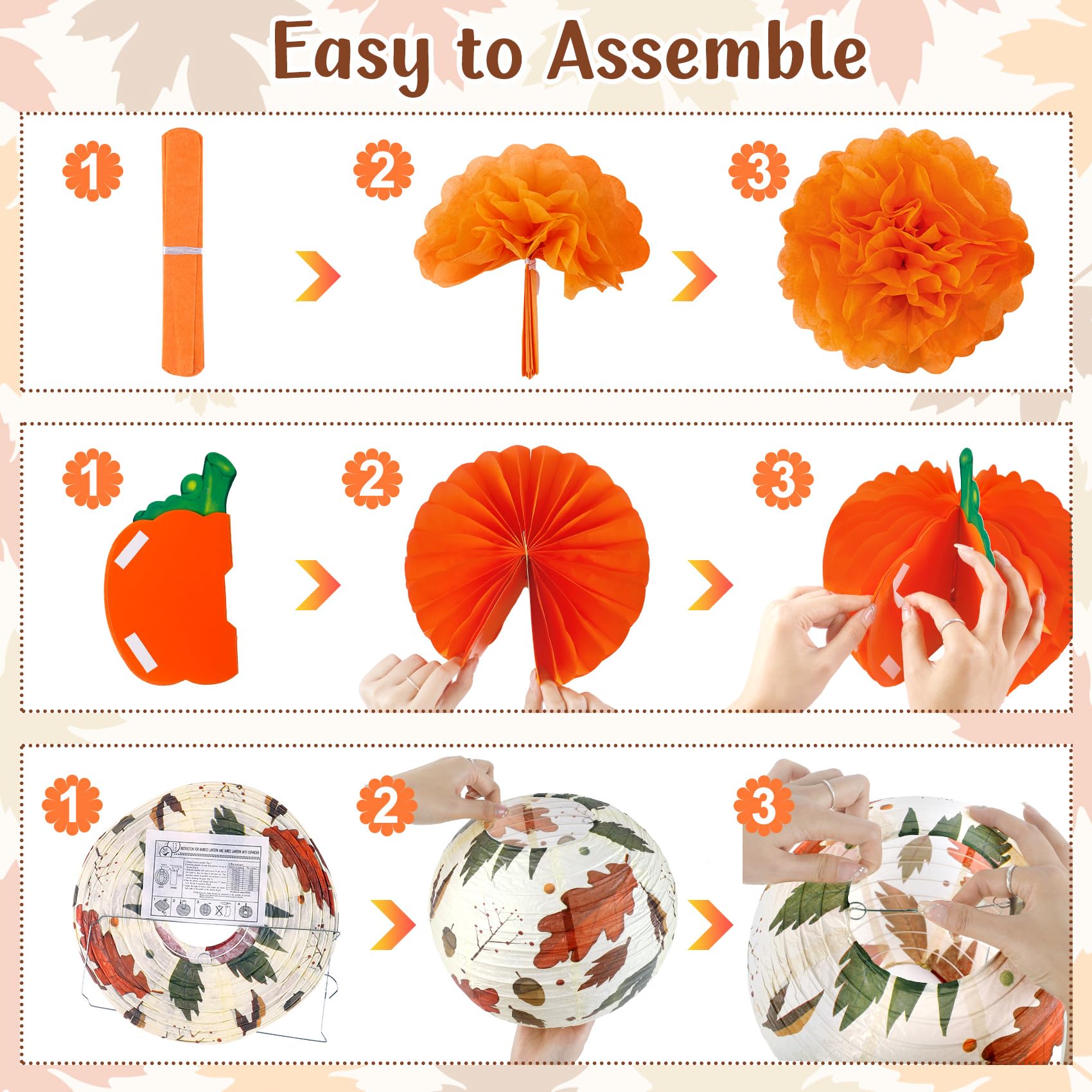 Fall Thanksgiving Party Decorations Supplies, Autumn Maple Leaves Garland Hanging Paper Lanterns Tissue Pumpkin Honeycombs Fans Pom Poms Flowers for Birthday Baby Shower Home Decor Indoor Outdoor