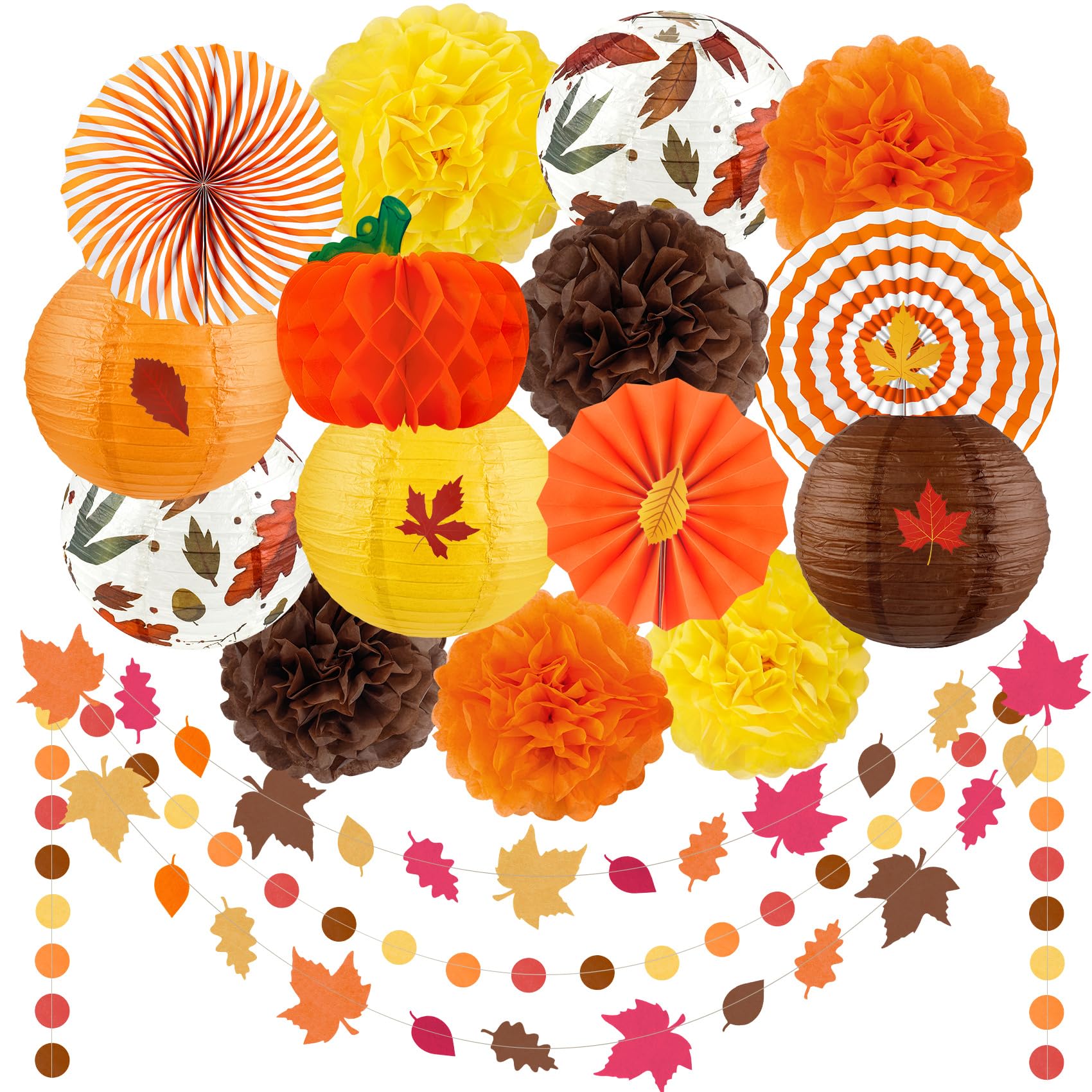 Fall Thanksgiving Party Decorations Supplies, Autumn Maple Leaves Garland Hanging Paper Lanterns Tissue Pumpkin Honeycombs Fans Pom Poms Flowers for Birthday Baby Shower Home Decor Indoor Outdoor