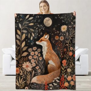 fox blanket for boys girls kids, flannel fox blankets gifts, floral moon fox throw blanket for sofa couch bed living room soft warm cozy fox decor 60" x 50"