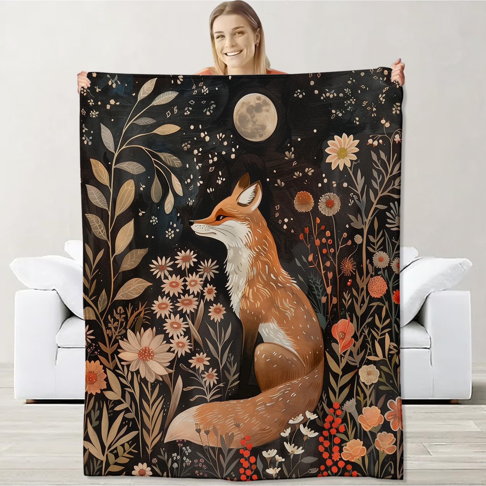 Fox Blanket for Boys Girls Kids, Flannel Fox Blankets Gifts, Floral Moon Fox Throw Blanket for Sofa Couch Bed Living Room Soft Warm Cozy Fox Decor 60" x 50"