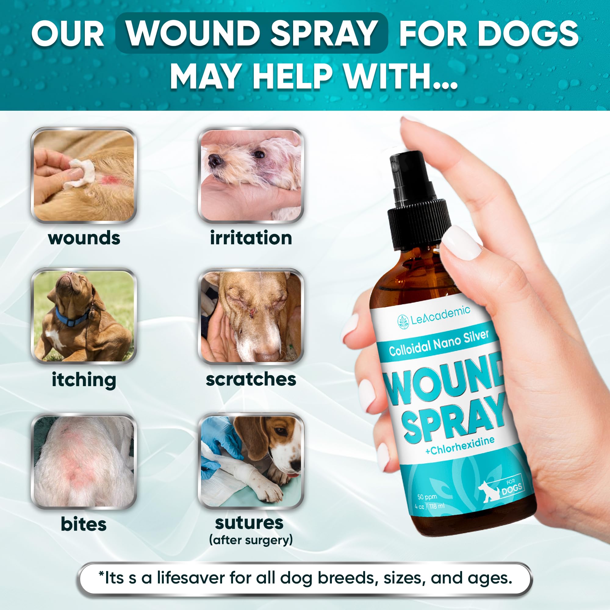 Wound Care For Dogs with Colloidal Silver | Dog Wound Spray | Dog Wound Care and Skin Support | + Chlorhexidine | Bites, Scratches, Irritations | Wound Spray for Dogs is Great With A Dog Cone | 4 Oz