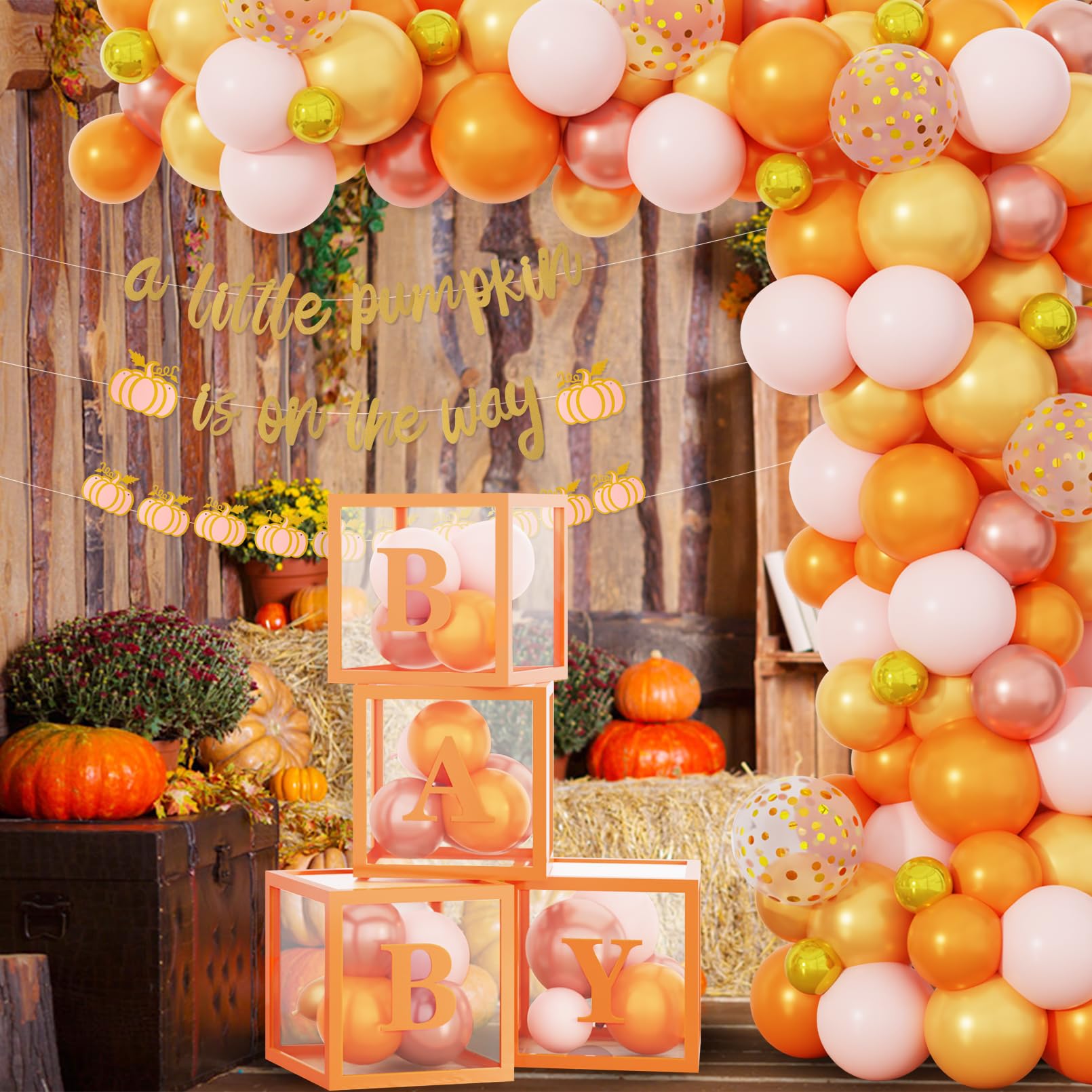 Little Pumpkin Baby Shower Balloon Boxes Decorations, Fall Orange Balloon Garland A Little Pumpkin is On The Way Banner for Autumn Thanksgiving 1st Birthday Girl Gender Reveal Welcome Party Supplies