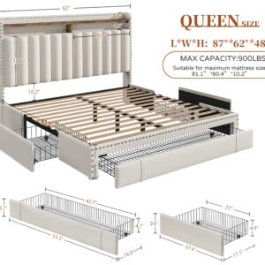 EnHomee Queen Bed Frame with Headboard and 3 Large Drawers, Upholstered Platform Bed Frame Queen Size with Storage, Queen Size Bed Frame with Headboard, Sturdy, No Box Spring Needed, No-Noise, Beige