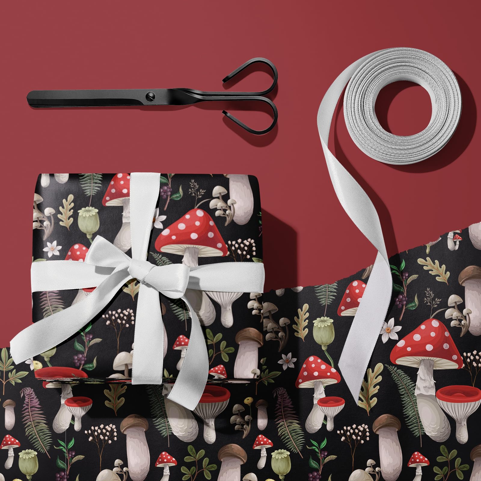 WRAPAHOLIC Mushroom Wrapping Paper Roll - Mini Roll - 17 Inch x 33 Feet - Black Red Mushrooms Plants Design, Perfect for Birthday, Autumn, Party, Holiday