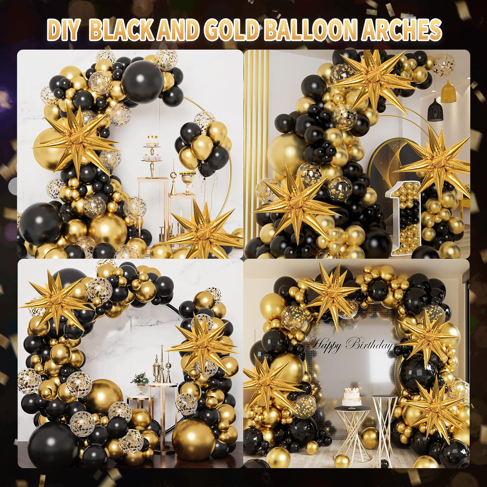 164Pcs Black and Gold Balloons Garland Arch Kit,Black and Gold Balloons with Gold Star Balloons, Black Gold Confetti Latex Balloons, for Graduation Retirement Anniversary Birthday Party Decorations