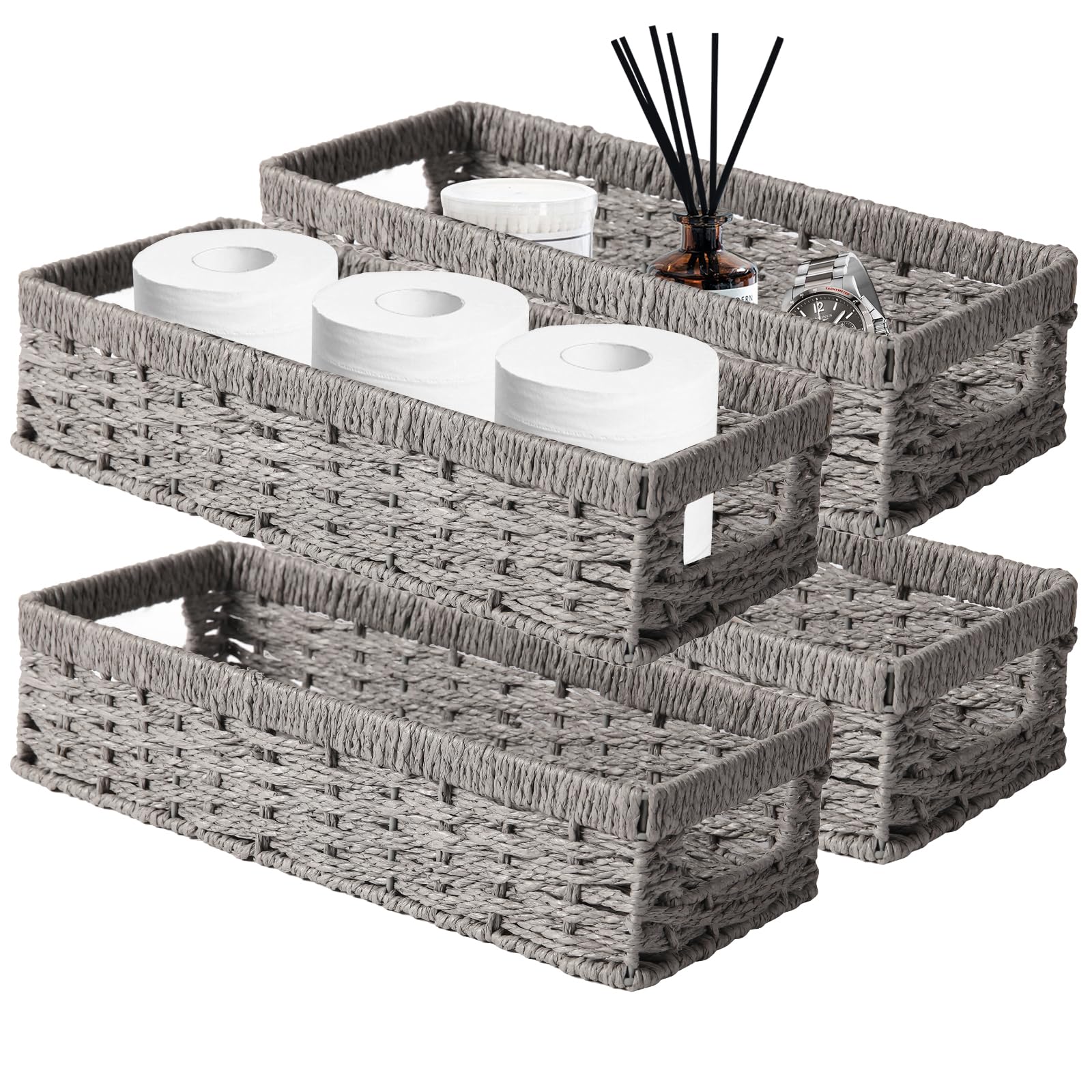 Airsnigi 4 Pack Wicker Storage Baskets, Toilet Basket Tank Topper Wicker Storage Basket for Shelves, Decorative Basket for Organizing Pantry Bathroom Toilet Tank (One Section) (Grey)