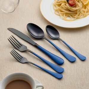 LKTDYMEG 20-Piece Black and Dark Blue Silverware Set 18/0 Stainless Steel Silverware Set Dark Blue Handle Cutlery Set Service for 4 Dinner Knives Forks Spoons Set Flatware Set Finish Dishwasher Safe