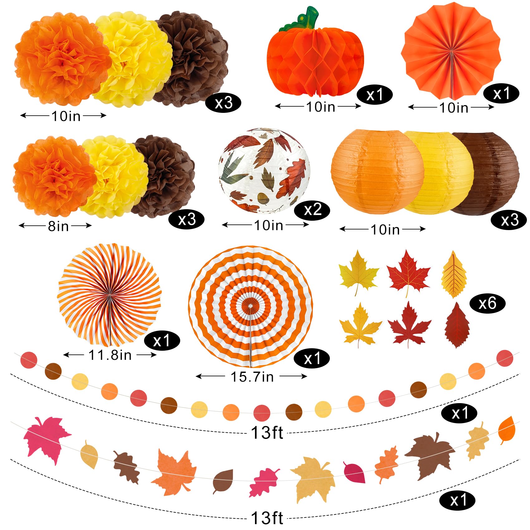 Fall Thanksgiving Party Decorations Supplies, Autumn Maple Leaves Garland Hanging Paper Lanterns Tissue Pumpkin Honeycombs Fans Pom Poms Flowers for Birthday Baby Shower Home Decor Indoor Outdoor