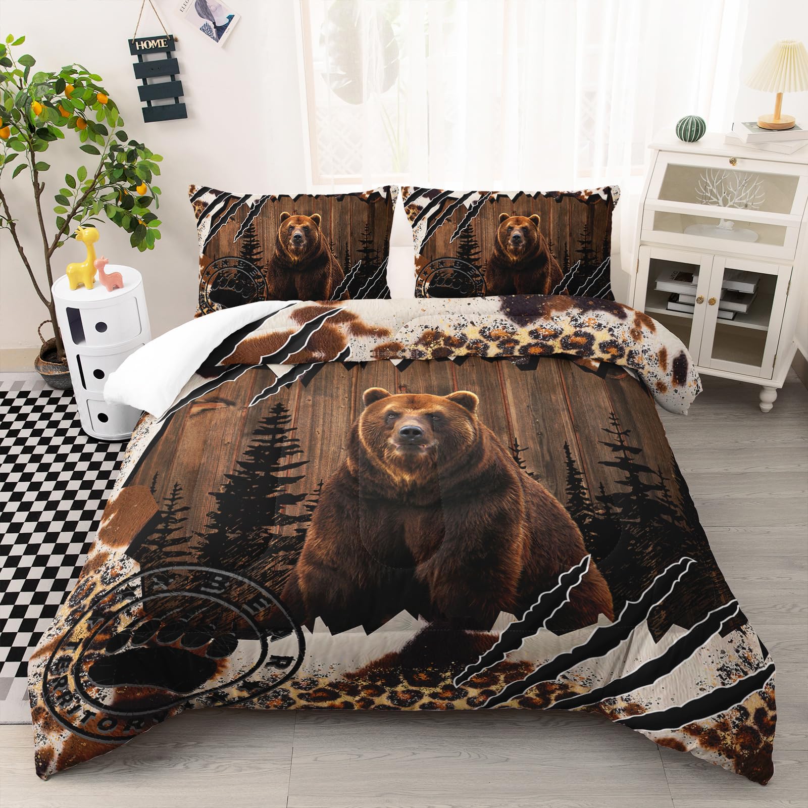 Ntlfup Bear Comforter Set Full Size, Wild Animal Hunting Enthusiasts Bedding Set All Season Quilt Set, Room Decor for Kids Boys Teens