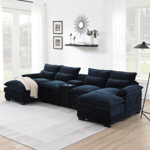 merax modern sectional sofa with cupholders, console and usb charging ports, chenille upholstered sleeper couch & double cushions, symmetrical chaise indoor furniture for living room, apartment, blue