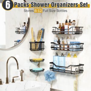 OMAIRA 6-Pack Shower Caddy Organizer Shelves Rack, Stainless Steel Adhesive Bathroom Organizers and Storage Organization Set Home Kitchen Wall Decor, No Drill & Large Capacity & Heavy Duty, Black