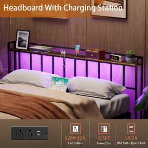 LAKEMID King Headboard, Headboards with LED Light, Outlets and USB Ports, Head Board with Storage Rack, Sturdy and Stable Headboard for King Size Bed, Adjustable Height, Easy Assembly, Rustic Brown