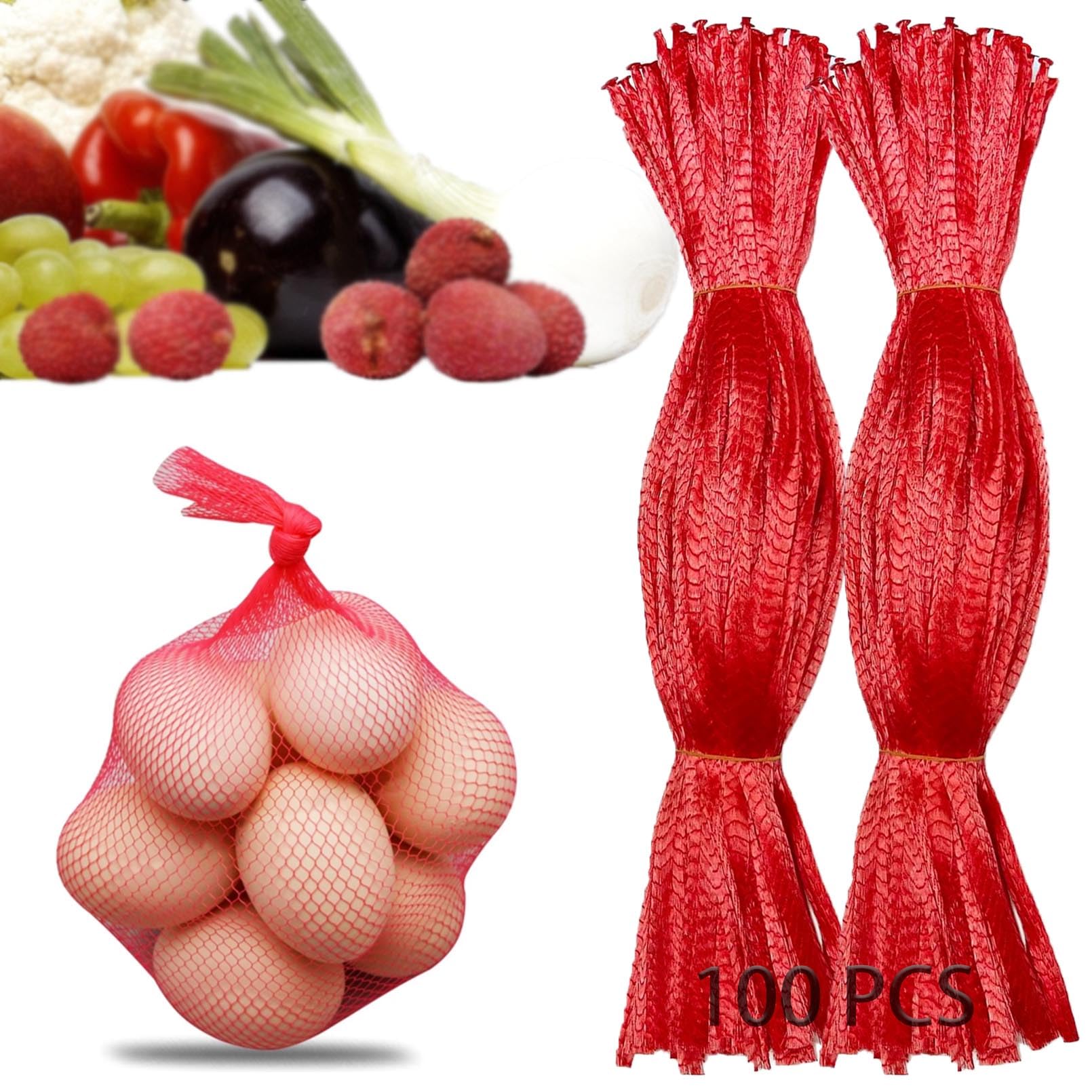 COTELEEC 100Pcs Reusable Mesh Produce Bags, 16 Inch Stretchable Mesh Vegetable Bags for Vegetables Onion Potato Storage Fruits Seafood (100Pcs-red)